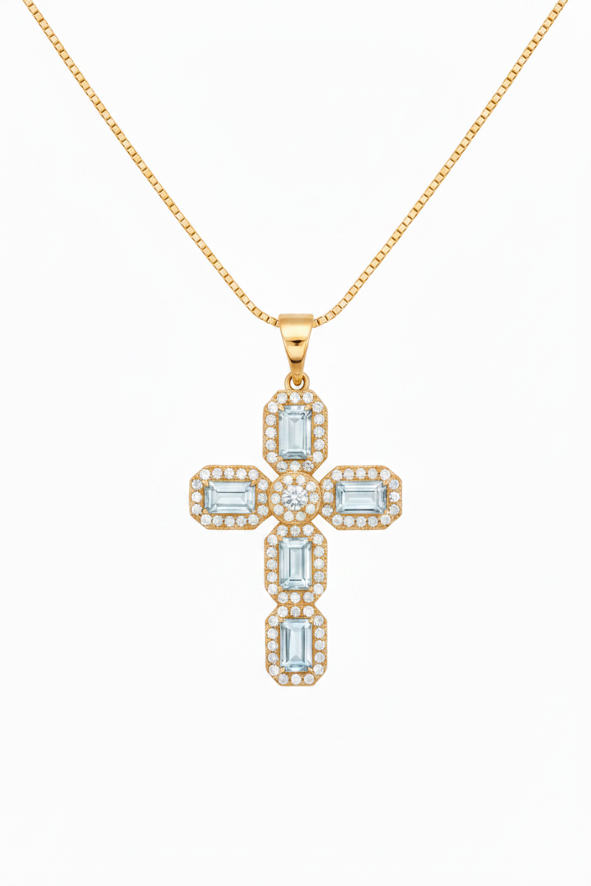 Gold aquamarine cross on 16 inch box chain