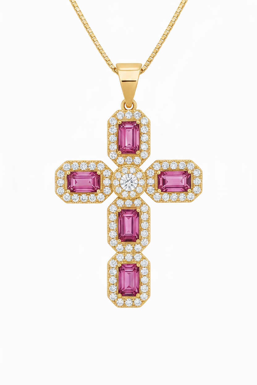 Pink Sapphire Cross — Gold Plated Front