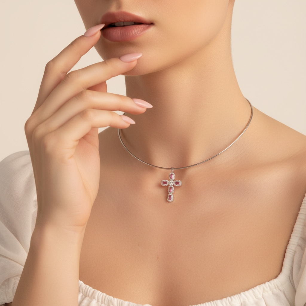 Sterling silver wire choker with rose-pink cross, lips-down editorial crop