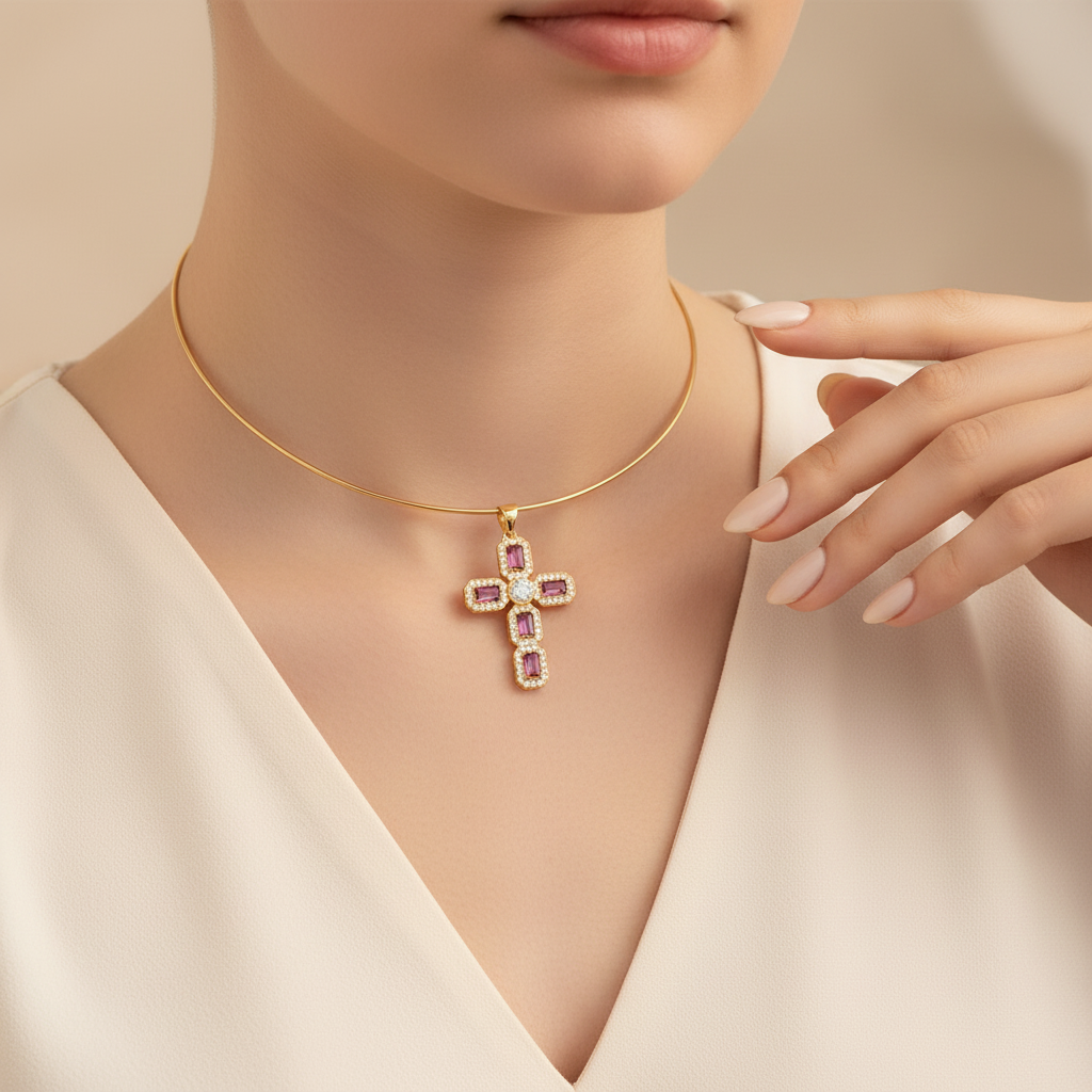 Gold-plated choker with rose-pink cross, alternate hidden-face pose