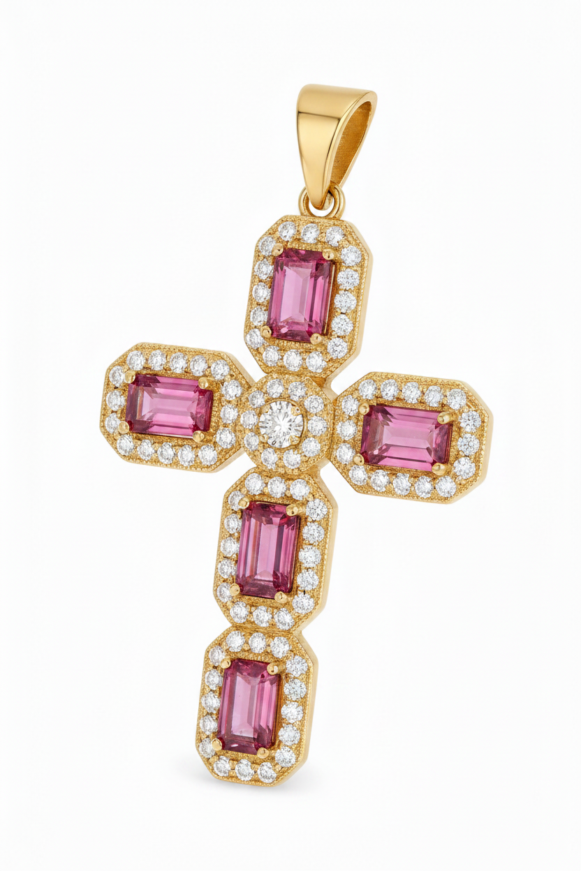 Pink Sapphire Cross — Gold Plated Angled