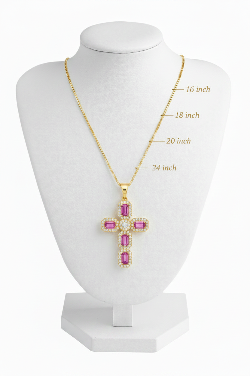Pink Sapphire Cross Gold Plated — Chain Length Guide