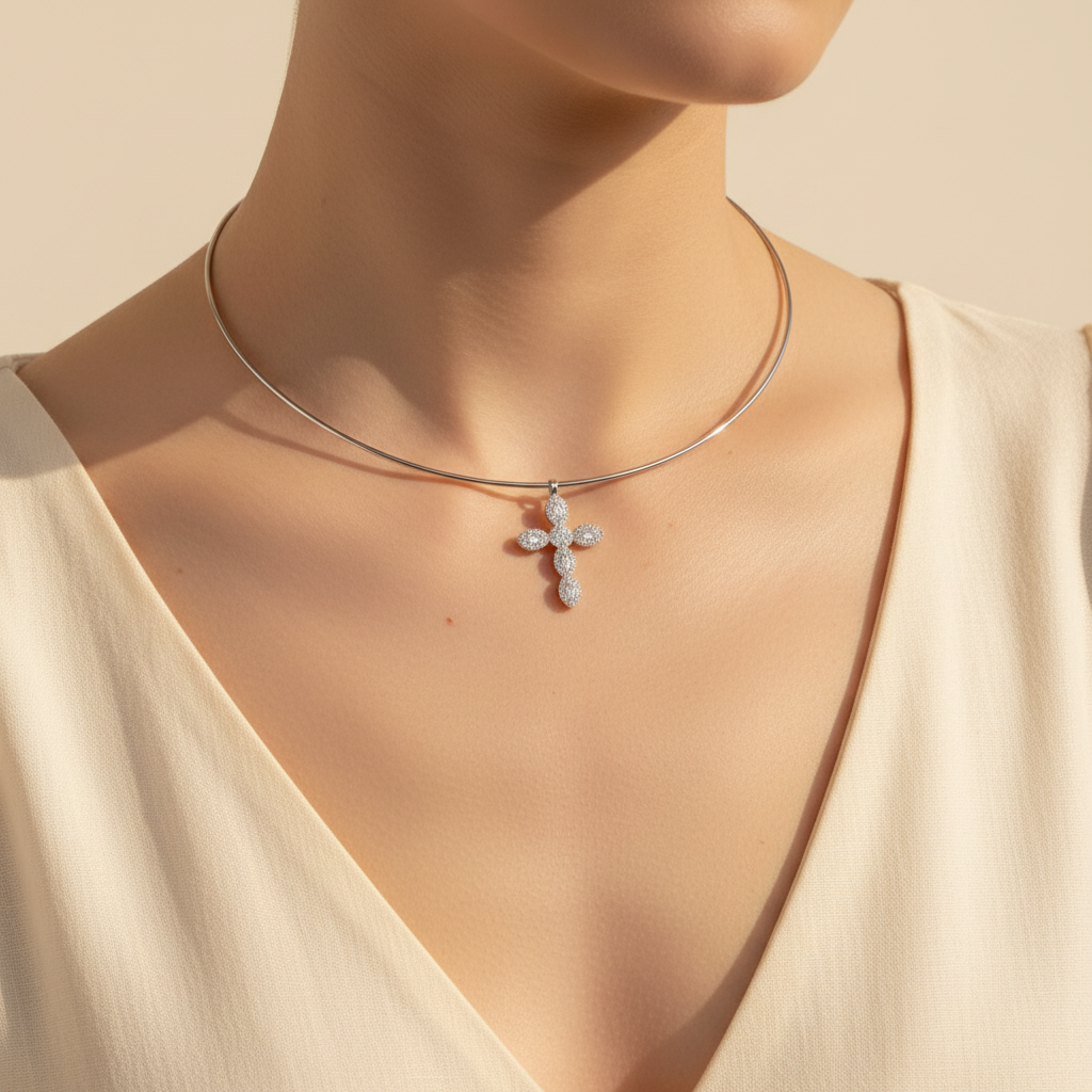 Silver wire necklace and marquise cross on an elegant cropped model